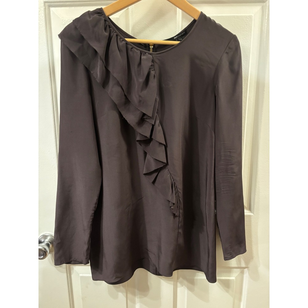 Jay Godfrey Silk Ruffle Front Long Sleeve Blouse Dark Expresso ~ Size 6